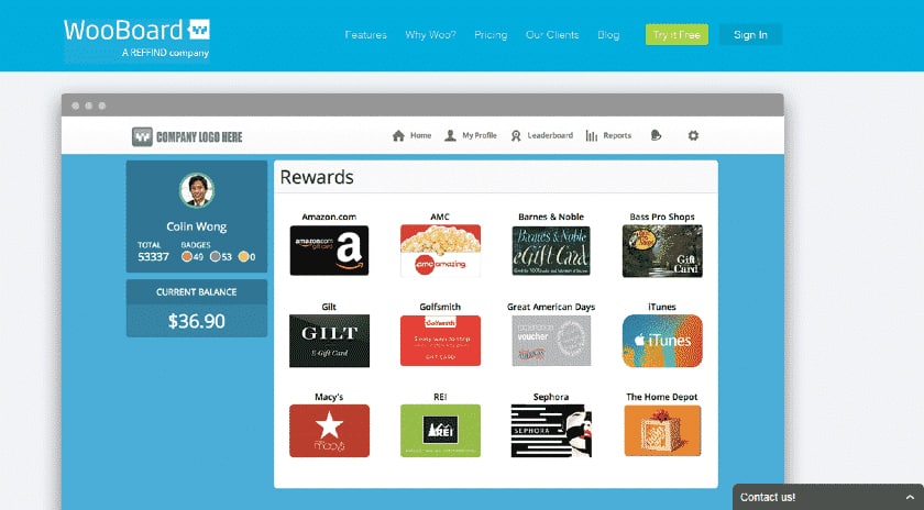 WooBoard profile information and reward catalog.