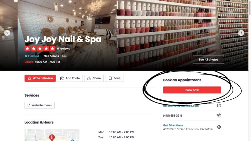 Book an Appointment cta of Joy Joy Nail & Spa on Yelp business profile.