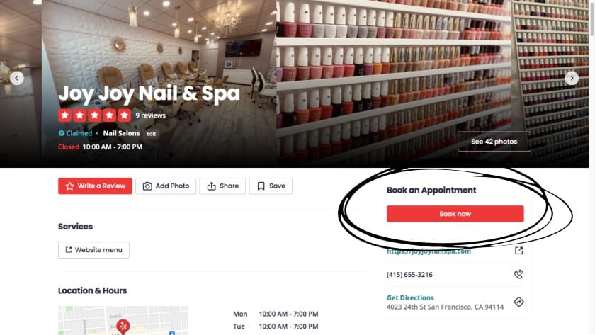 Yelp for business Book an Appointment CTA example