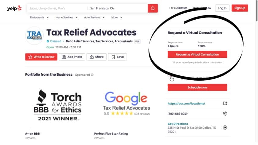 Example of virtual consultation request CTA on Tax Relief Advocates Yelp Business profile.