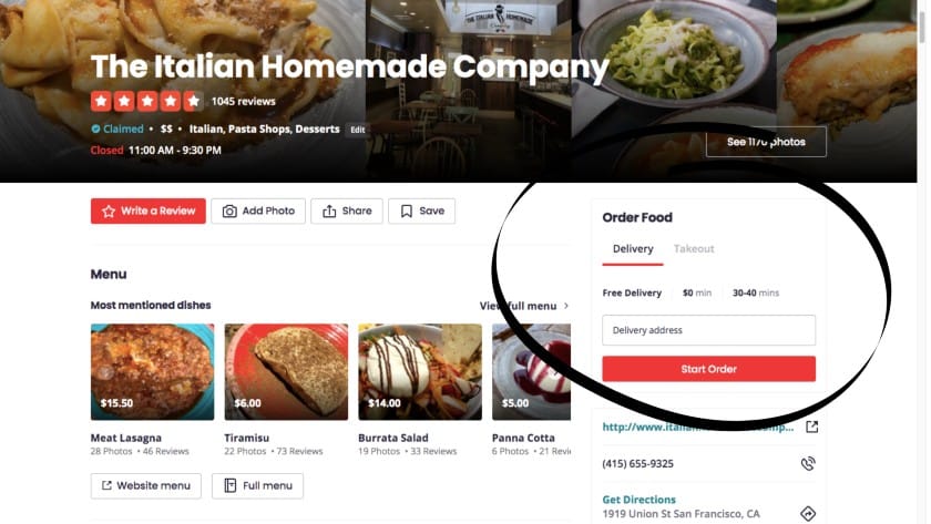 Example of place your order CTA on The Italian Homemade Company Yelp Business profile.