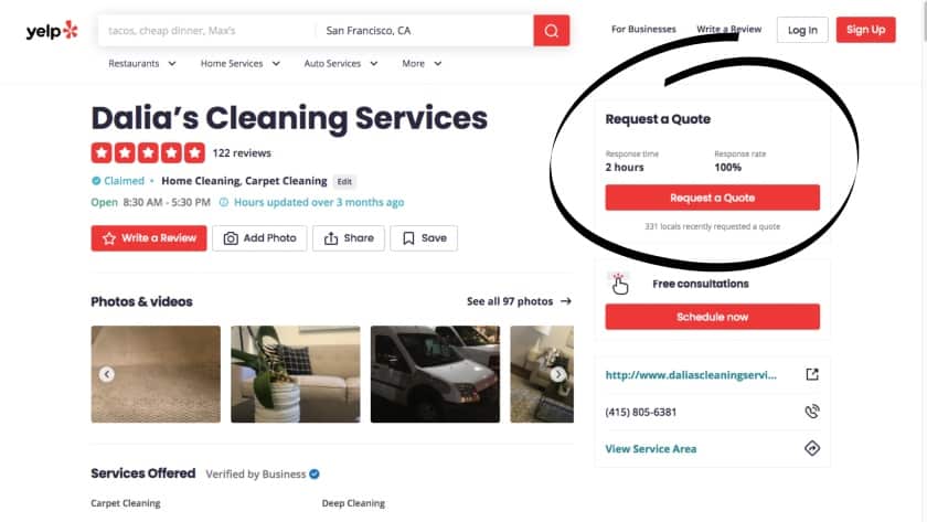 Yelp for business Request a Quote CTA example