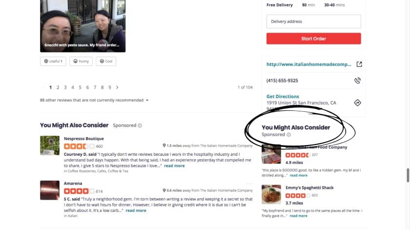 Competitor ads sidebar featured on Yelp business profile for visitors alternatives.