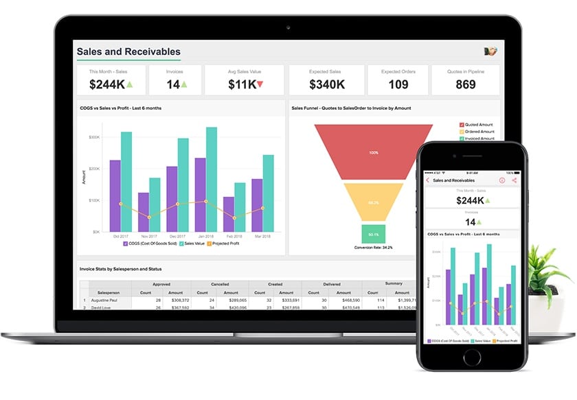 Zoho CRM business performance dashboards on mobile app.