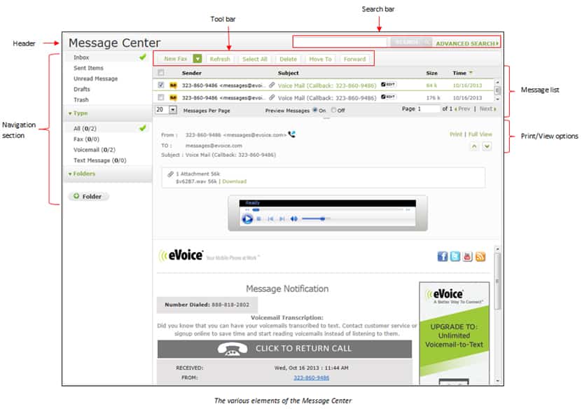 Screenshot of eVoice Message Center