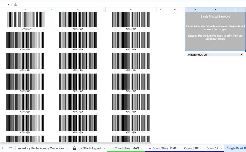 Inventory management spreadsheet barcode printing tab