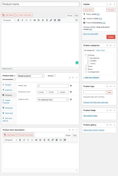 Adding product manually in the WooCommerce dashboard.