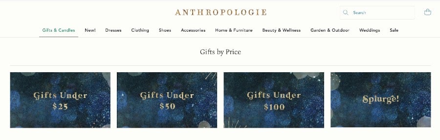 Screenshot of Anthropologie Gifts by Price