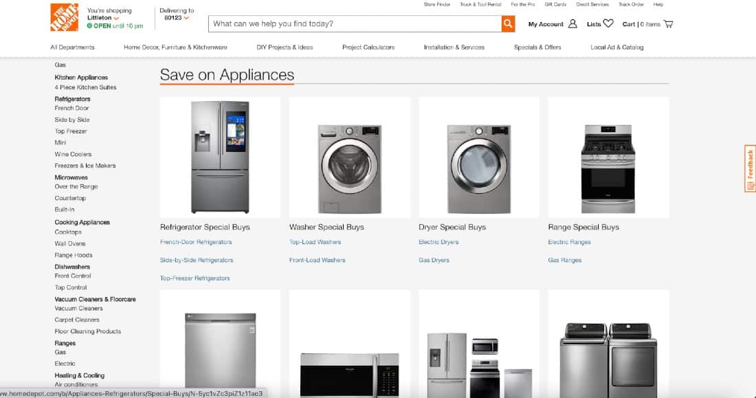 Screenshot of Appliances on Home Depot