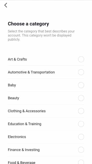 Screenshot of Choosing a Category For Business