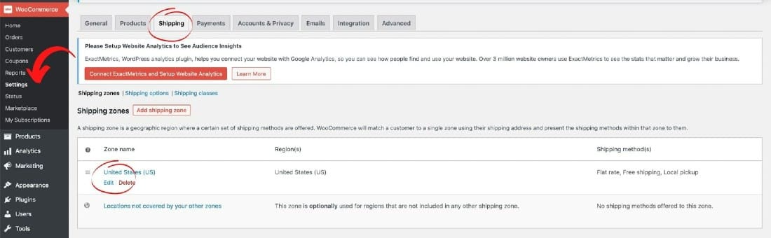 Configuring shipping settings.