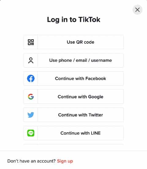 Screenshot of Creating Account Options on TikTok