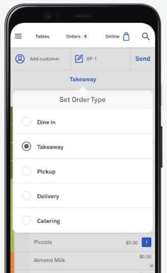 Different types of delivery on Lightspeed mobile app.