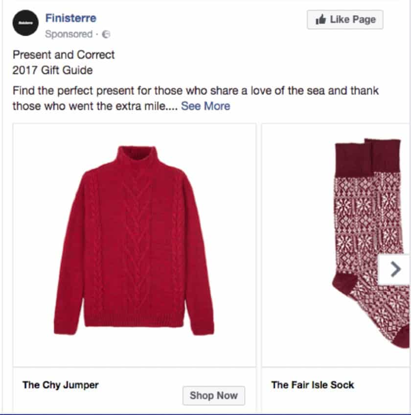 Screenshot of Finisterre Promotes Its Gift Guide Via Facebook Sponsored Post