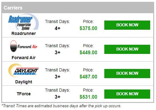 Screenshot of FreightPros Carriers Transit Times Price