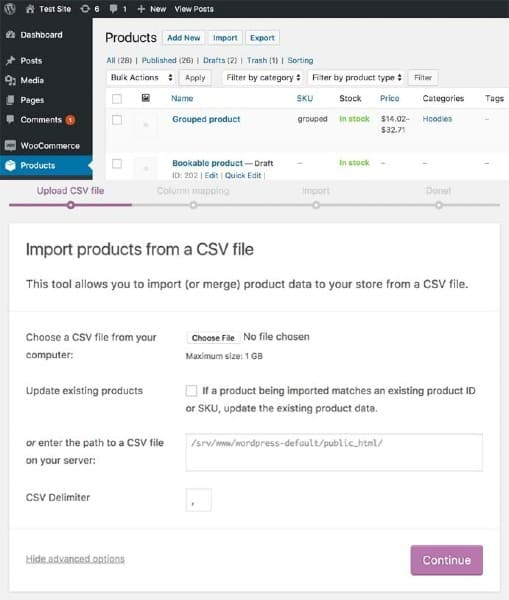 Importing products from a CSV file.