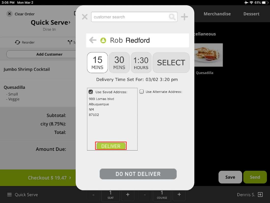 Screenshot of Lavu Delivery Screen