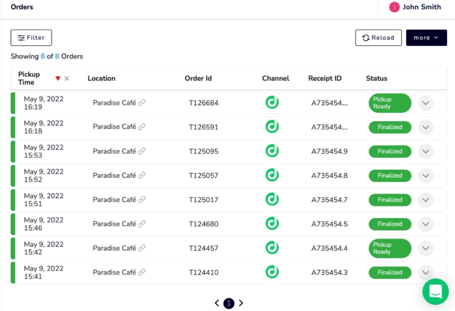Screenshot of Lightspeed Restaurant online ordering dashboard displaying several orders for pickup.
