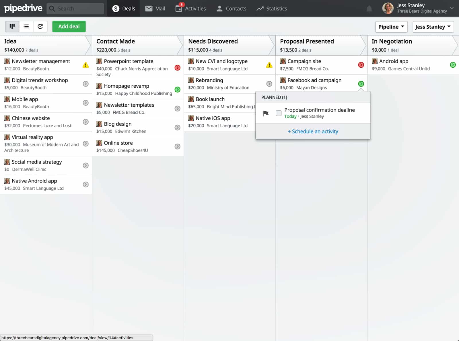 Screenshot of Pipedrive pipeline view