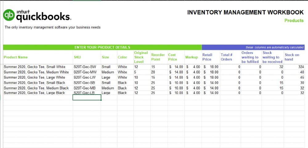 Screenshot of QuickBooks Inventory List Template
