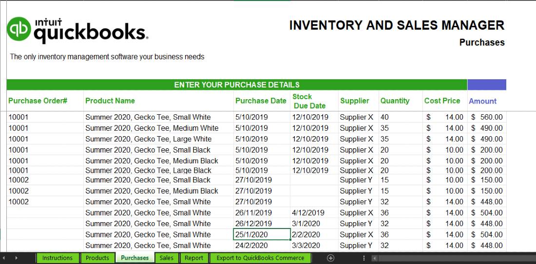 Screenshot of QuickBooks Purchases List Template