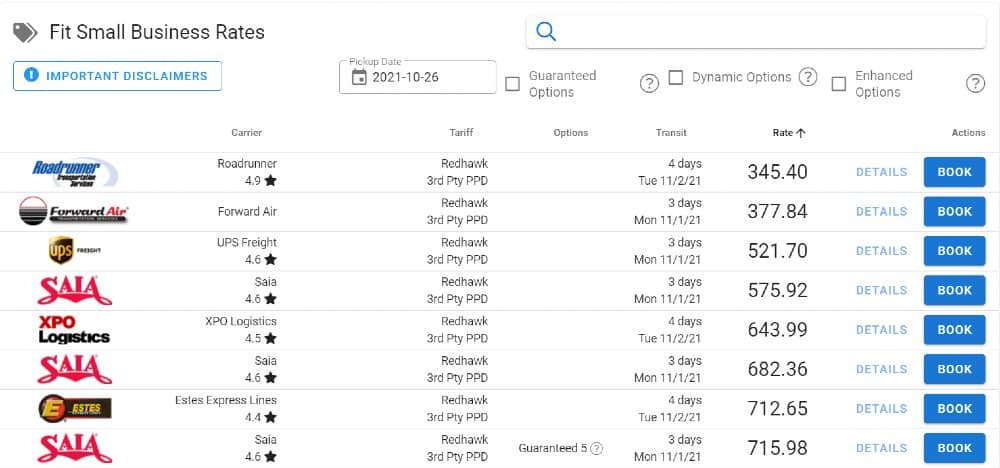 Screenshot of Redhawk Carrier Transit Times Pricing