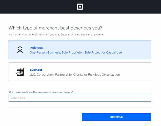 Selecting a merchant type in Square.
