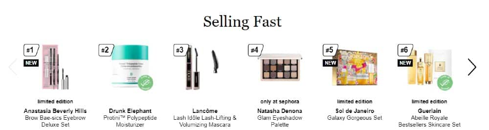 Screenshot of Sephora Features Selling Fast