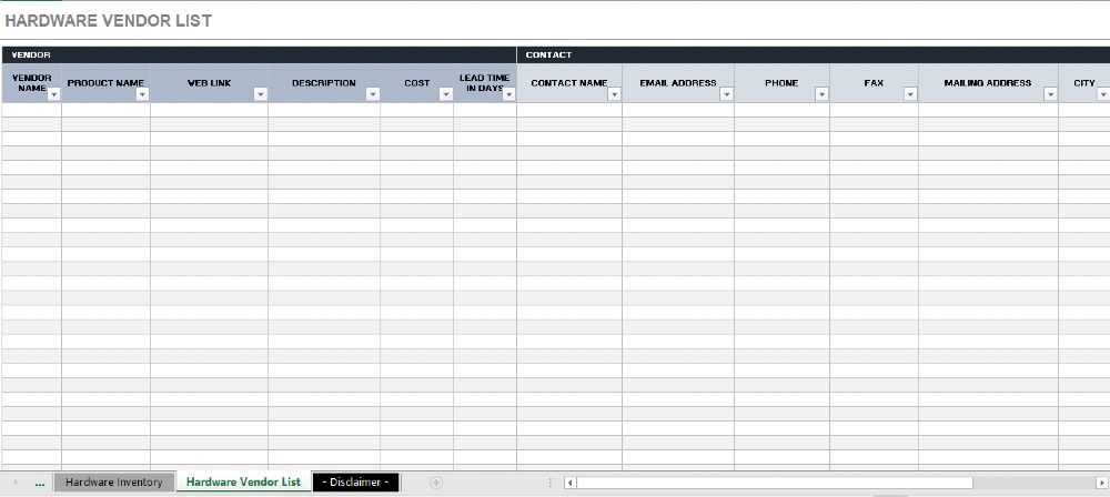 Screenshot of Smartsheet Hardware Vendor List