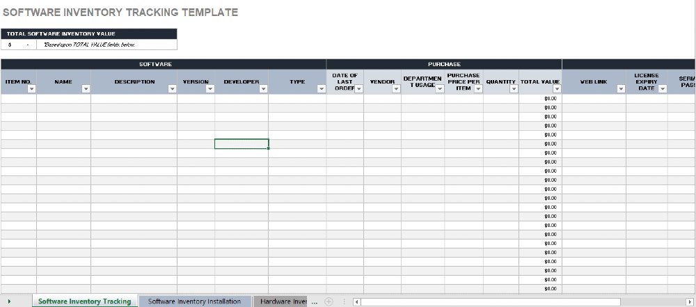 Screenshot of Smartsheet Software Inventory Tracking Template