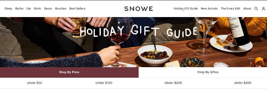 Screenshot of Snowe Holiday Gift Guide