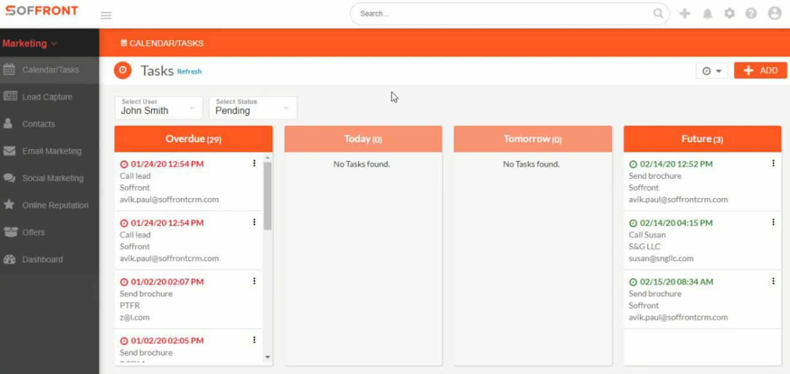 Screenshot of Soffront Calendar and Task tab