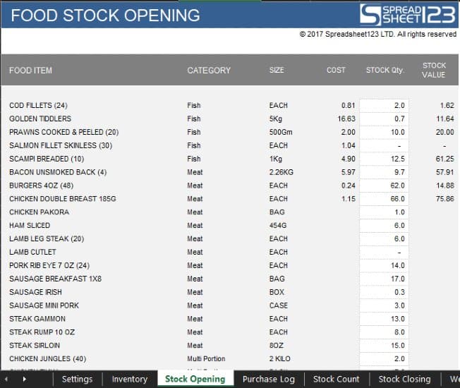 Screenshot of Spreadsheet 123 Food Stock Opening Template