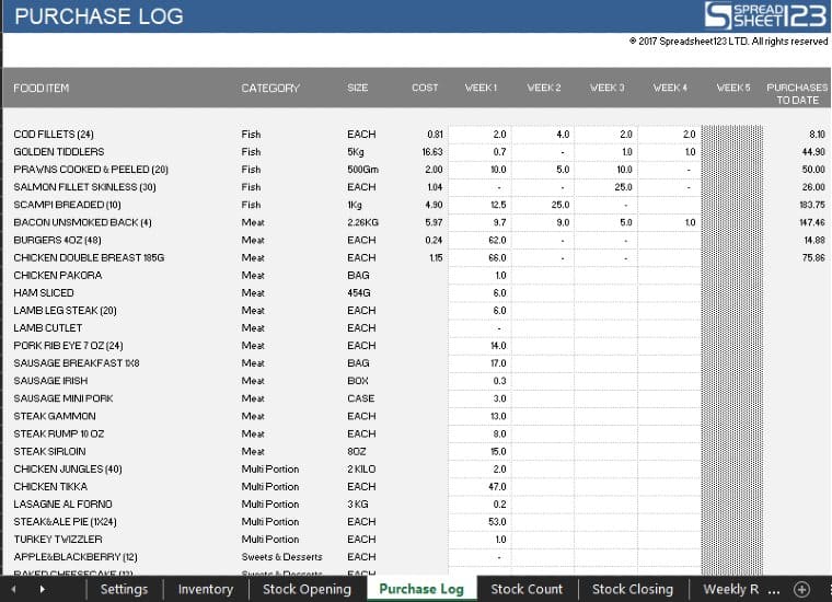 Screenshot of Spreadsheet 123 Food Stock Opening Template