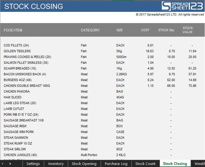 Screenshot of Spreadsheet 123 Stock Closing Inventory Template