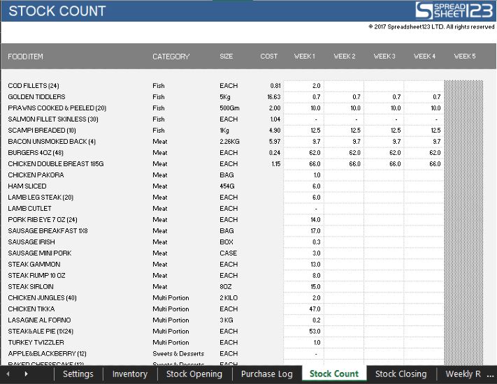 Screenshot of Spreadsheet 123 Stock Count Template