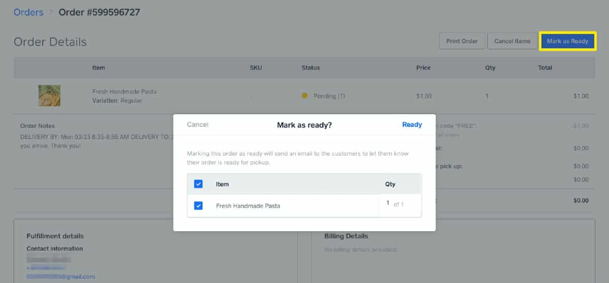 Screenshot of Square Mark Order as Ready