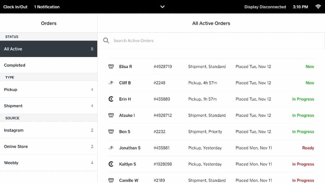 Screenshot of Square Order Queue