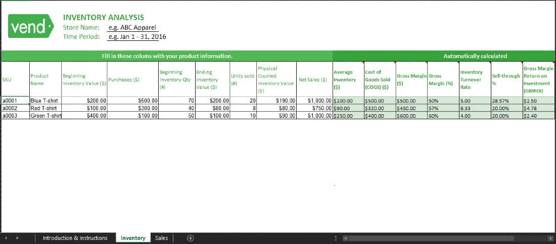 Screenshot of Vend Inventory Analysis Template
