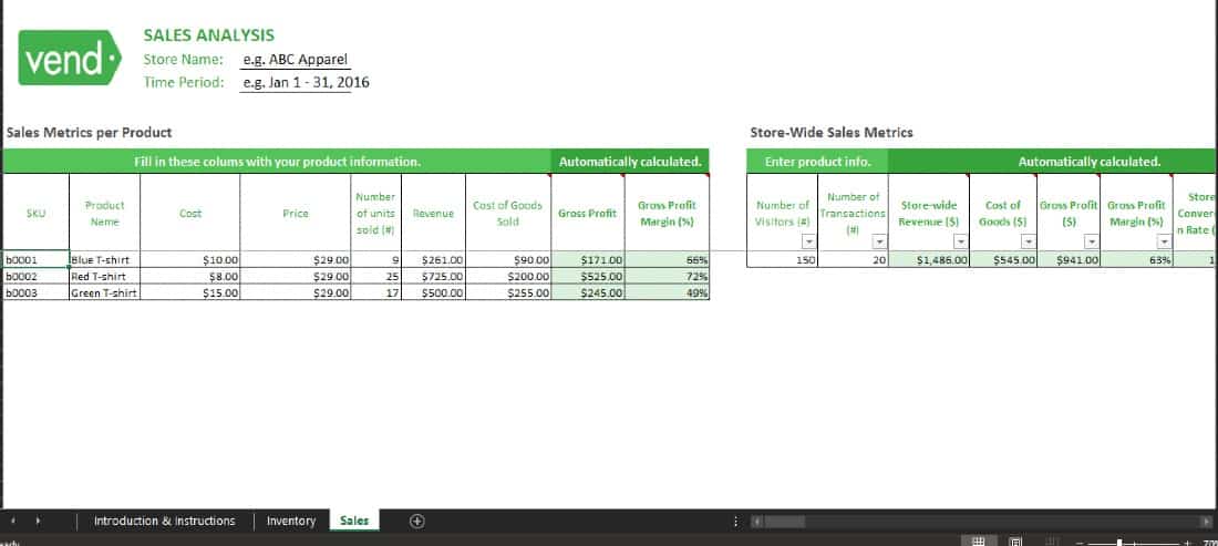 Screenshot of Vend Sales Analysis Template