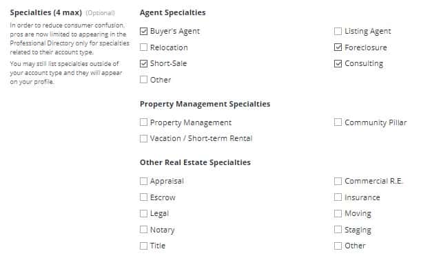 Zillow.com agent dashboard: Add your real estate niche specialties