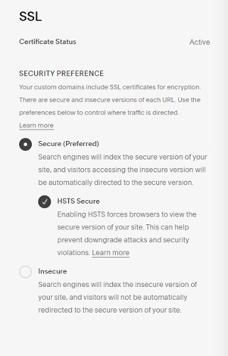 SSL certificate status and security preference.