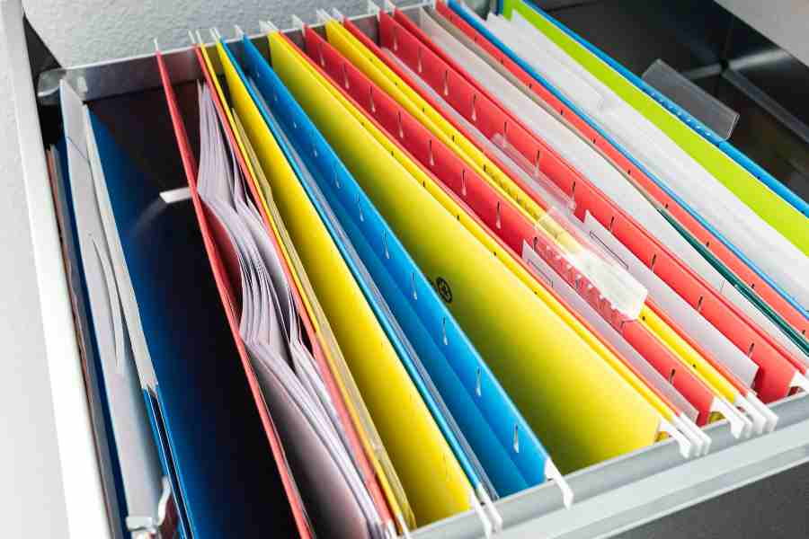 Colorful Hanging File Folders Placed Drawer.