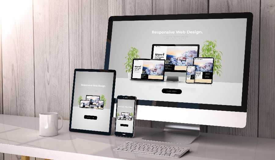 Responsive website design on screen of desktop, tablet and mobile.