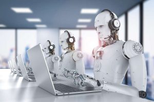 Three humanoid robots in customer service wearing headsets and working with laptops.