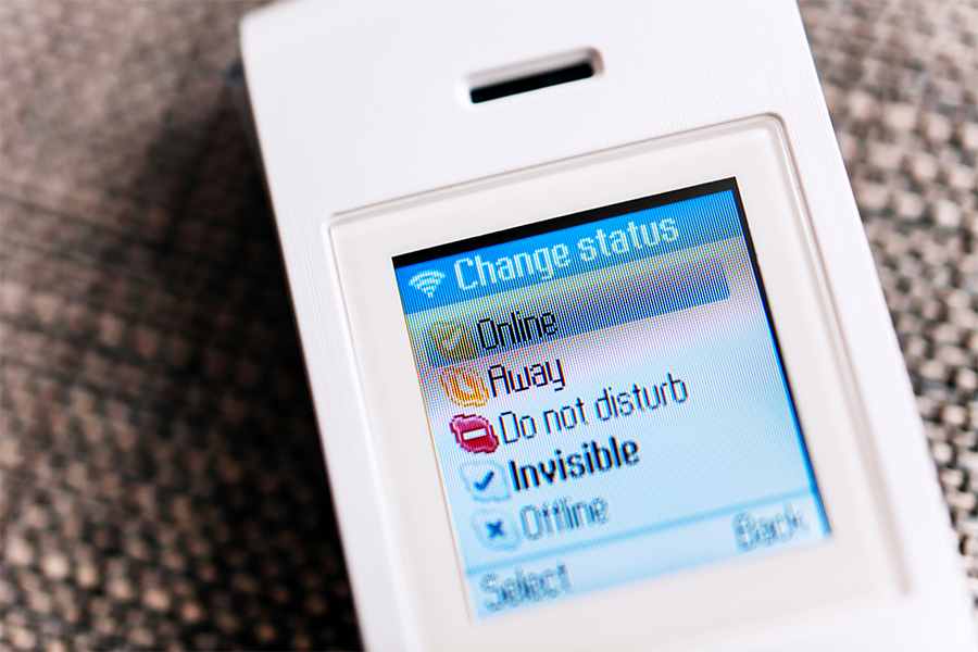 Phone with change status choices from Online, Away, Do not disturb, Invisible to offline.