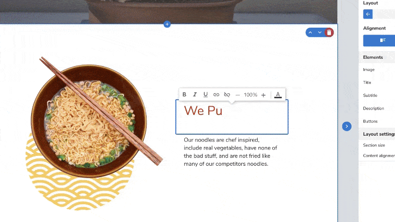Animated graphic of a Noodle restaurant website using the Bluehost website builder.