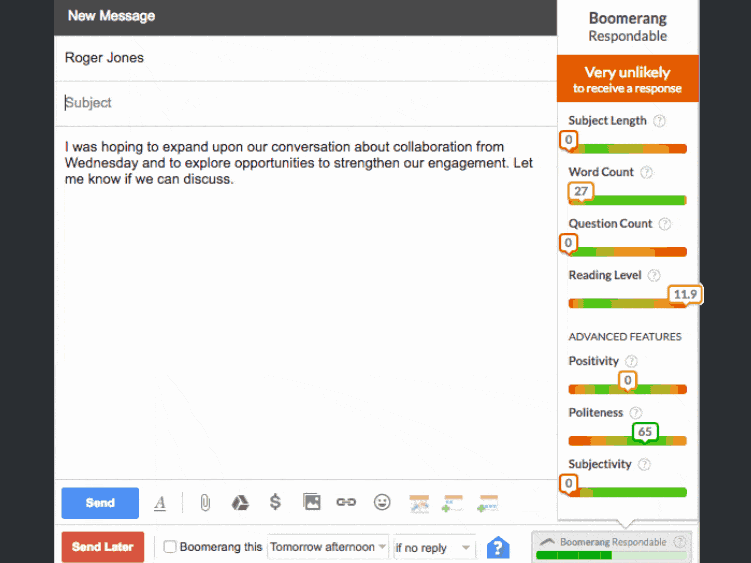 An animated graphic that shows email writing with Boomerang for the Gmail text assistant tool on the sidebar.