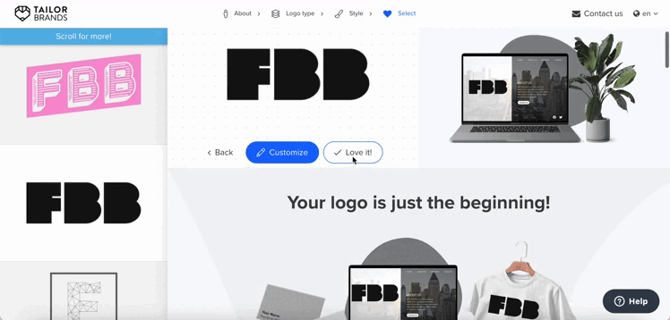 TailorBrands' design tool with logo mockups on various products