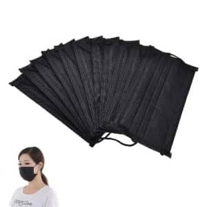 Disposable black face masks with a model.